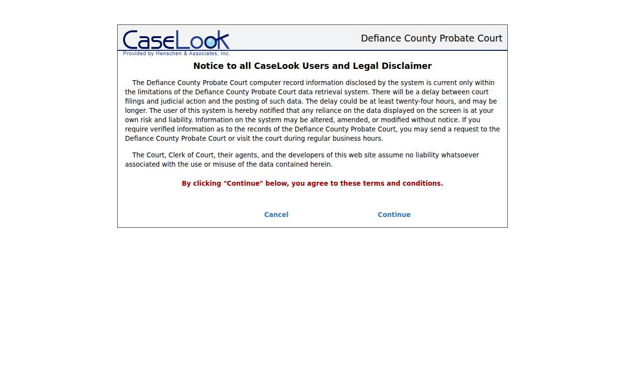 Defiance County docket search Probate CaseLook record search gateway