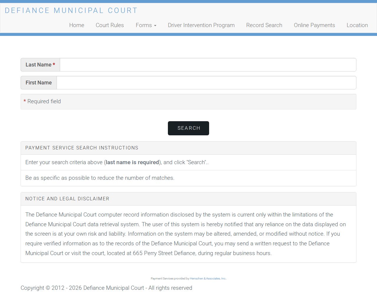 Defiance County docket search Municipal Court payment search fields