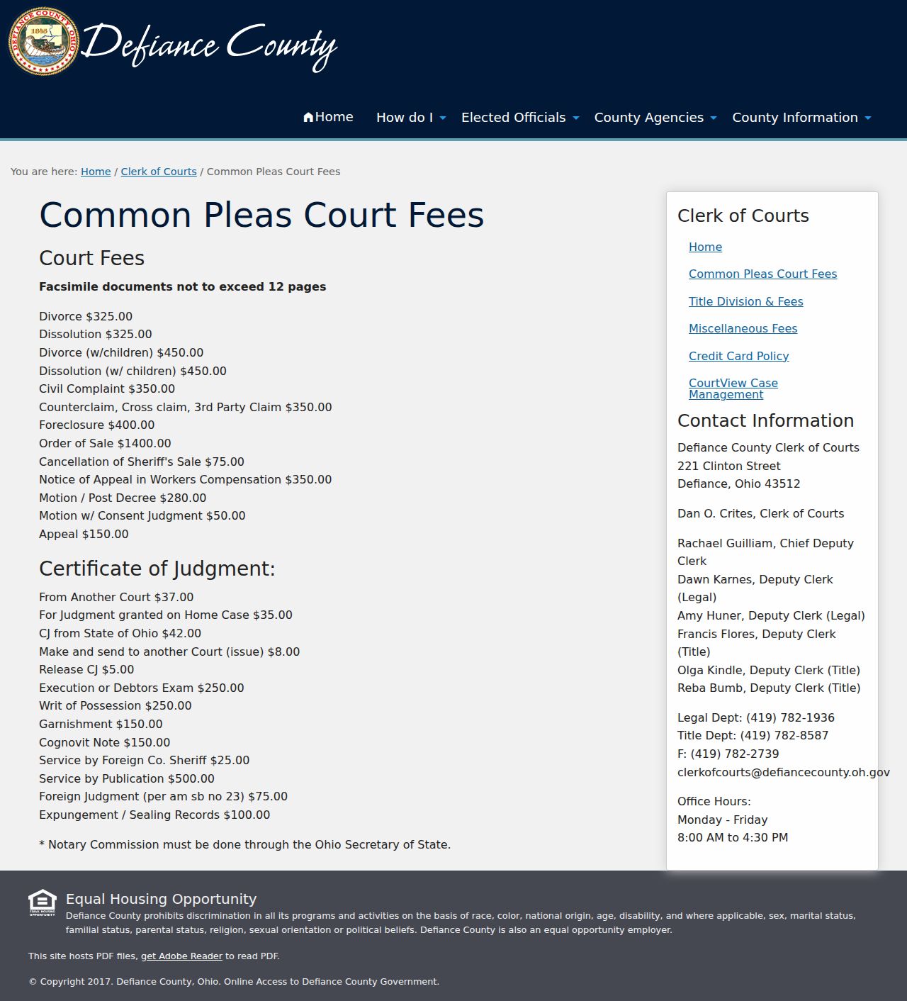 Defiance County civil docket Common Pleas judgment fee page