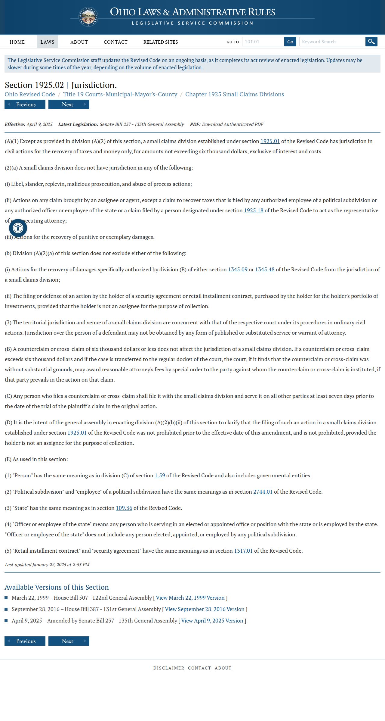 Defiance County civil docket Ohio small claims jurisdiction limit