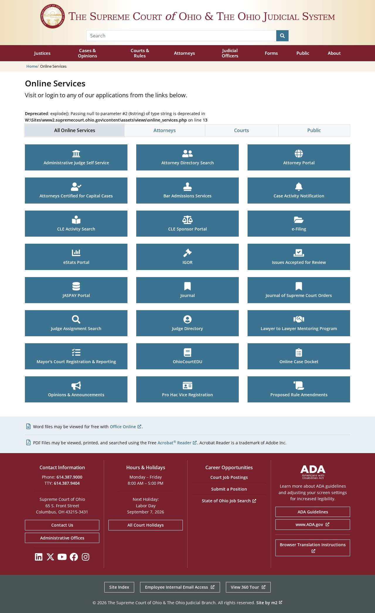 Defiance County court schedule source showing Ohio judiciary online services