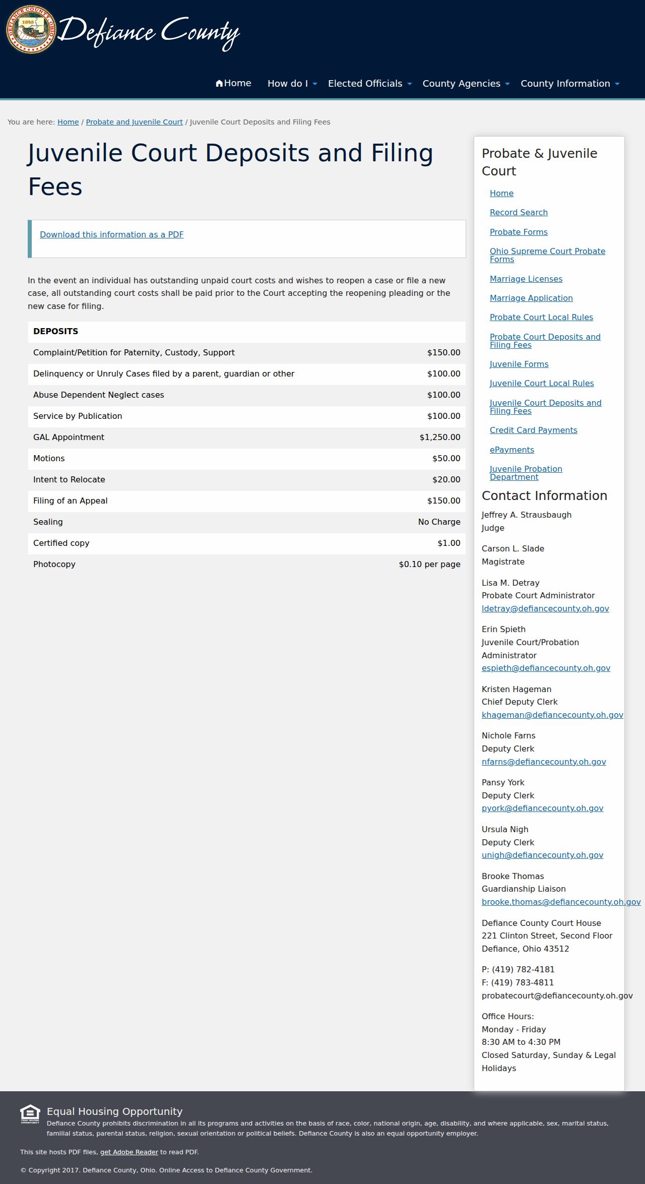 Defiance County court case records Juvenile Court fee schedule