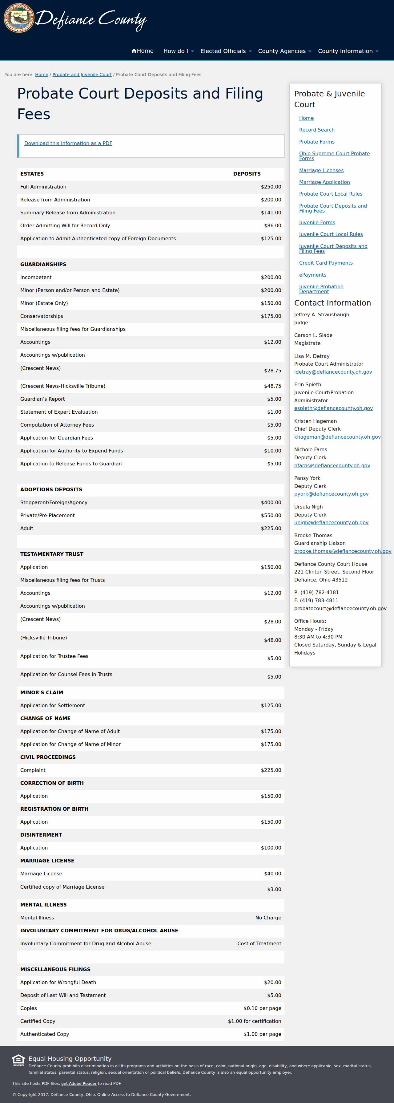 Defiance County court case records Probate Court fee schedule