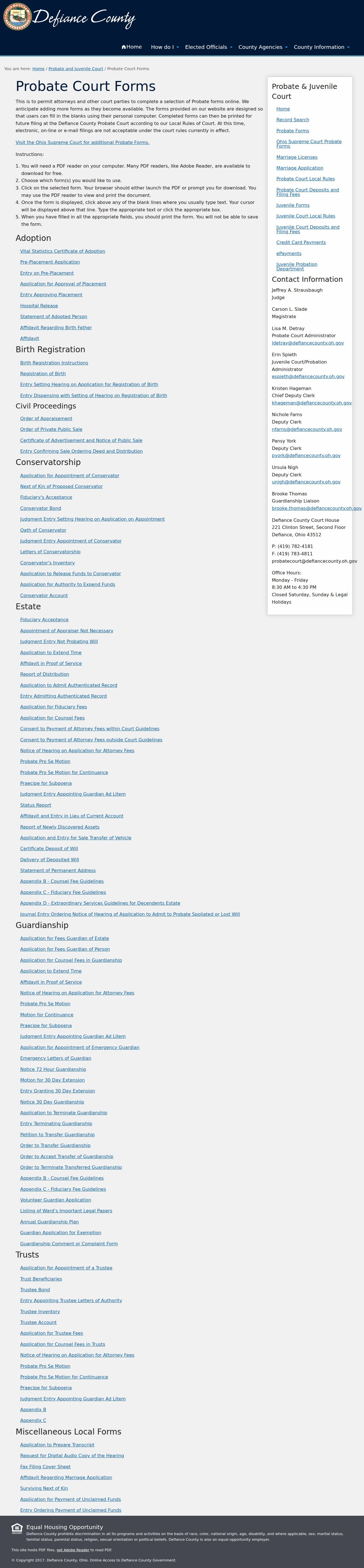 Defiance County court case records Probate Court forms page