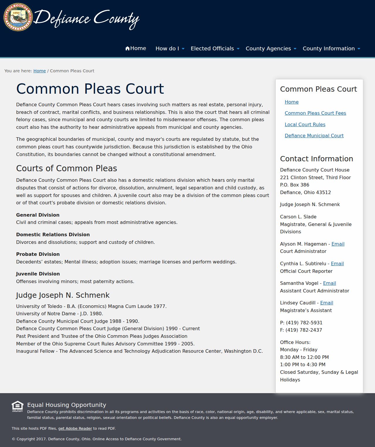 Defiance County court docket Common Pleas Court information